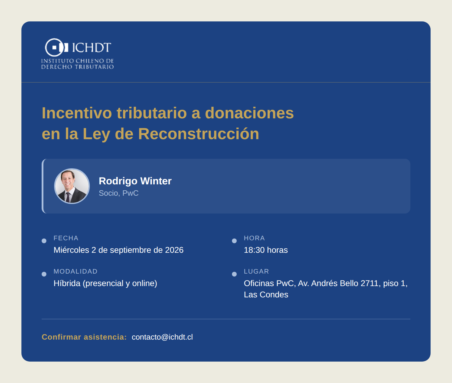 ICHDT invita a charla sobre el incentivo tributario a donaciones en la Ley de Reconstrucción